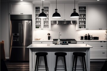 A new, modern all white kitchen with black lights hanging from the ceiling and black bar stools sitting at the counter top for an eating area. Lights off.