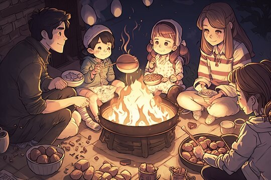 A Family Gathered Around An Outdoor Fire Pit, Roasting Easter Eggs On Skewers Easter Illustration Manga Style Generative Ai