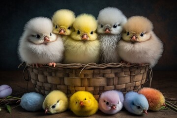 Fototapeta na wymiar Group of fluffy Easter chicks peeping out of a basket Easter illustration generative ai