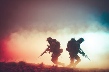 AI generated silhouettes of army soldiers attacking in smoke against sunset marines team in action