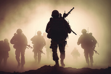 Fototapeta na wymiar AI generated silhouettes of army soldiers attacking in smoke against sunset marines team in action