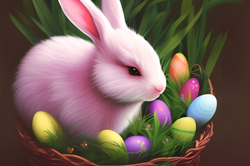 Wielkanoc, wielkanocny króliczek w koszyku z kolorowymi jajkami wielkanocnymi na trawie, barwnie, soczyste wiosenne kolory, miejsce na tekst. Wygenerowane przy pomocy AI - obrazy, fototapety, plakaty