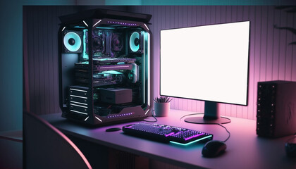 Gaming Workstation Mockup with Computer, Desk, and Neon Lights. Generative Ai