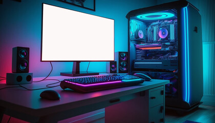 Mockup Gaming Setup with Neon Lights and Computer on Desk. Generative Ai