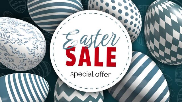 Easter sale banner. Eggs with blue geometric patterns. Looped animated background for spring shopping.