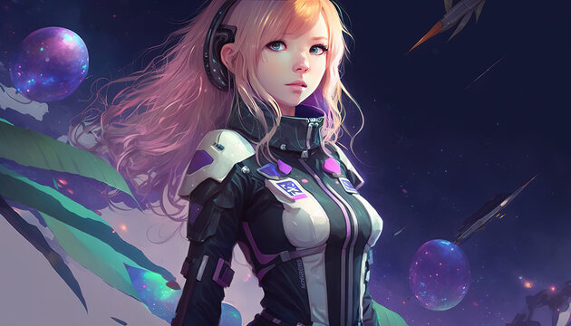 a beautiful and atractive anime girl in a scifi suit, blonde hair, generative ai technology