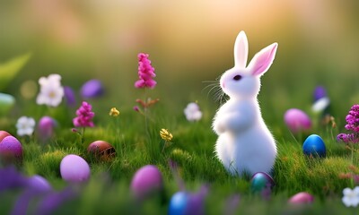 Fototapeta Wielkanoc, wielkanocny króliczek z kolorowymi jajkami wielkanocnymi na trawie, barwnie, soczyste wiosenne kolory, miejsce na tekst. Wygenerowane przy pomocy AI obraz