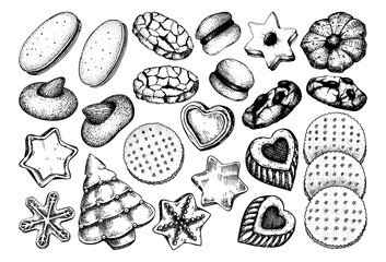 Vector collection of popular cookies in hand drawn sketch style. Cookies with almond, chocolate, icing, jam Isolated on white. Italian cookies, crackers, chips illustrations