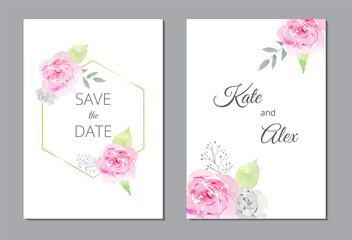 Set of watercolor wedding invitations templates with arrangement pink roses, leaves and golden frame. Hand drawn vector illustration.
