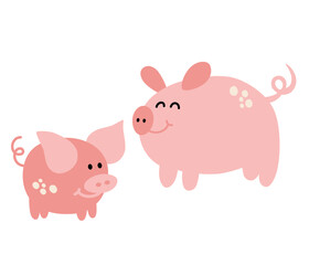 Pigs. Cute cartoon pigs, adult pig and piglet. Farm animals. Perfect for kids, prints and posters. Vector hand draw illustration isolated on the white background. 