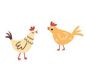 Chickens. Collection with farming hen. Different pullet. Farm animals. Perfect for kids, prints and posters. Vector hand draw illustration isolated on the white background. 