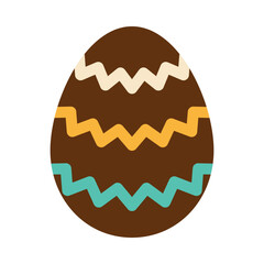 Easter brown egg with wave ornament. Green and yellow zig zags. Egg hunt. Easter tradition. Chocolate egg in flat design.