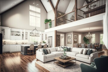 Beautiful and large living room interior with hardwood floors and vaulted ceiling in a new luxury home. View of Kitchen, entryway, and second story loft style area 