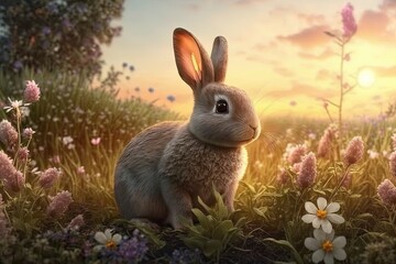 Fototapeta na wymiar Brown rabbit in a clover meadow during sunset. Cute brown rabbit. AI generated