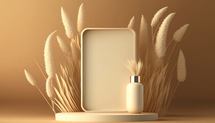 podium display on beige background and dry pampas