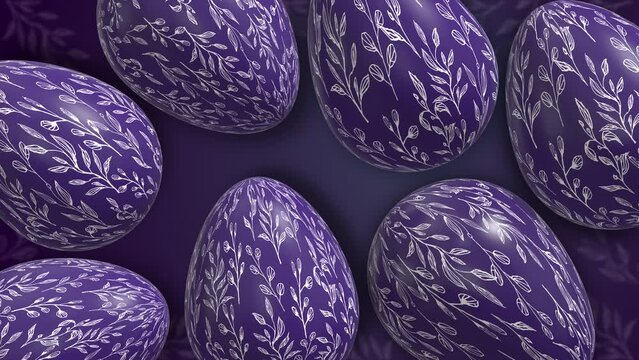 Purple Easter eggs with painted patterns. Animated holiday seamless background. Christian religious holiday of Easter. Loop video.