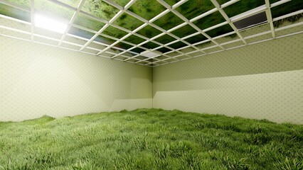 alone in the dark of empty backroom liminal space 3d render © Hirzan