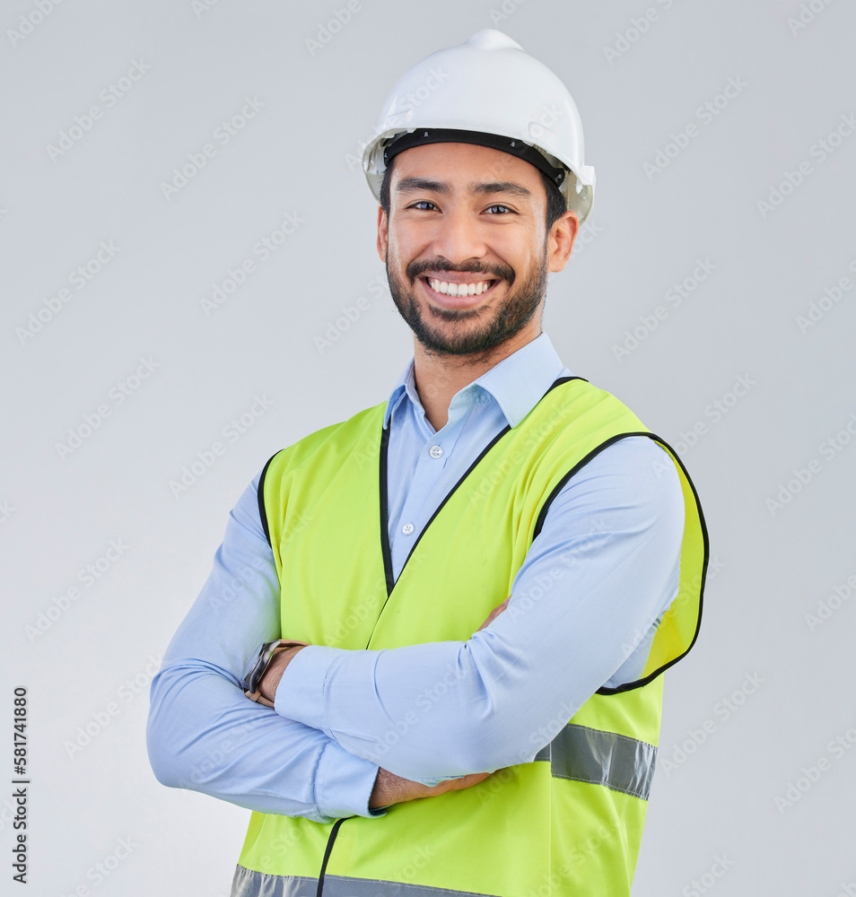 Poster construction worker, engineer and studio portrait of happy man in vest and helmet for safety on whit