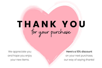 Thank you for your order card. Creative thank you card for business, online purchases.Pink handdrawn heart, calligraphy hand written text isolated on white background.