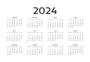Calendar for 2024 isolated on a white background