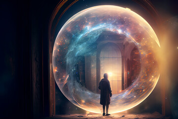 Fortune teller entity looking in the orb with universe. Digitally generated AI image