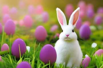 Wielkanoc, wielkanocny króliczek z kolorowymi kwiatami na trawie, barwnie, soczyste wiosenne kolory, miejsce na tekst. Wygenerowane przy pomocy AI