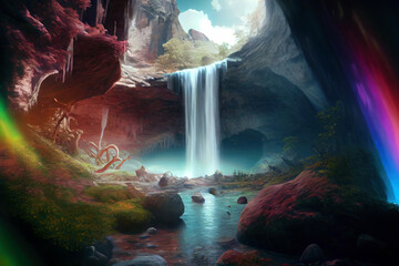 Epic waterfall luminous in middle of wonderland landscape surrounded by rocks. Digitally generated AI image