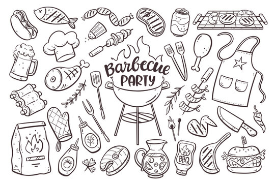 Barbecue party background with meat, burgers, sausages, and barbecue utensils. Collection of 35 bbq doodle elements isolated on white. Hand-drawn vector illustration.