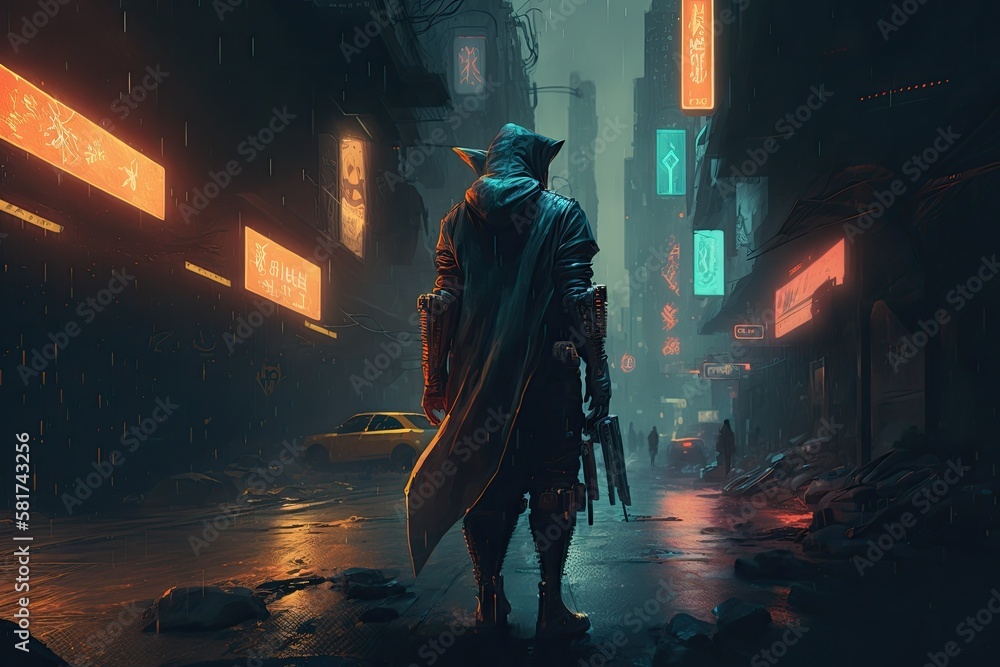 Poster street in a cyberpunk universe with copyspace to add character. generative ai