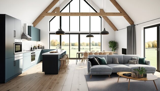 Trendy modern apartment with high ceiling and wooden floor. Generative AI