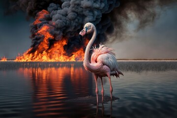 In Mar Menor, Europe's largest saltwater lagoon, a single wild Greater Flamingo stands alone and stares directly into the camera. 2019 photograph of flamingos in Murcia, Spain. Animal on fire at a win
