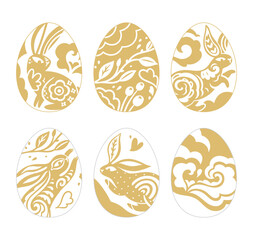 Six Gold Easter eggs template with rabbits and flora in folk style. 