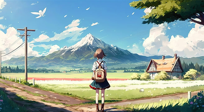 two ways to choose, an anime girl standing in the middle of a crossroad in front of a japanese inspired mountain with snow, generative ai technology