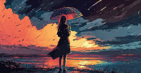 an anime inspired woman standing lonely with an umbrella in the night, epic background, generative ai technology
