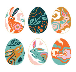 Six Easter eggs template with rabbits and flora in folk style