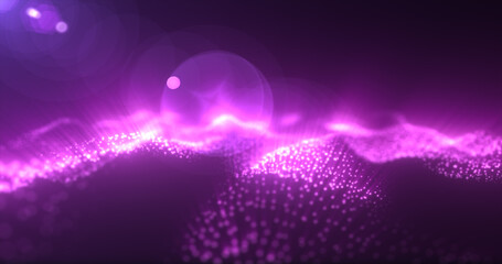 Abstract glowing purple magic energy wave from particles and dots bright shiny on a dark blue background. Abstract background