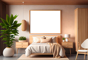 Stylish scandinavian composition of bed room mockup with design Generative AI