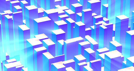 Abstract 3d cubes rectangles blue gradient in the form of a big city with skyscrapers abstract background