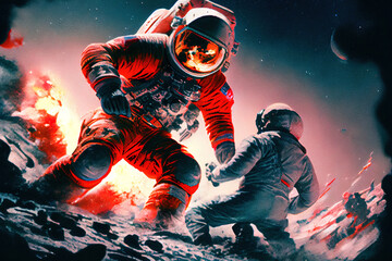 Fototapeta premium Battle on the moon. Soviet cosmonaut fights American astronaut on the moon Retro style illustration.. Digitally generated AI image.