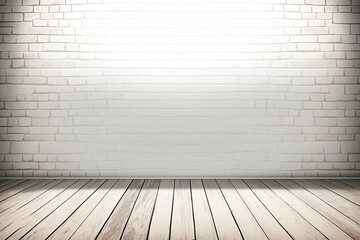 Fototapeta premium white brick wall on an empty wooden floor. Generative AI
