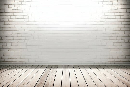white brick wall on an empty wooden floor. Generative AI