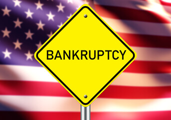 Bankruptcy sign. US flag with inscription bankrupt. Concept of economic crisis in USA. Financial problems in america. Crisis of stock market of United states. Bankruptcy of banks from USA. 3d image - obrazy, fototapety, plakaty
