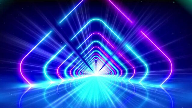 Glowing neon lines, tunnel, led arcade, stage, abstract animated technology background, virtual reality. Pink blue purple corridor neon square arch, perspective. Design element, vj loop, seamless