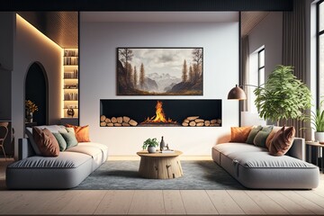 Panorama of wide modern living room with design sofa and large pillows above. Design library and small fireplace. Nobody inside. Generative AI