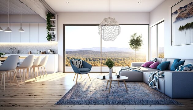 stylish open plan living room with blue sofa and large window. Generative AI