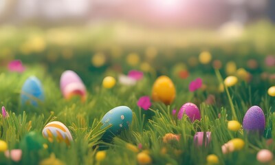Wielkanoc, wiosenna łąka z kolorowymi jajkami wielkanocnymi, barwnie, soczyste wiosenne kolory, miejsce na tekst. Wygenerowane przy pomocy AI - obrazy, fototapety, plakaty