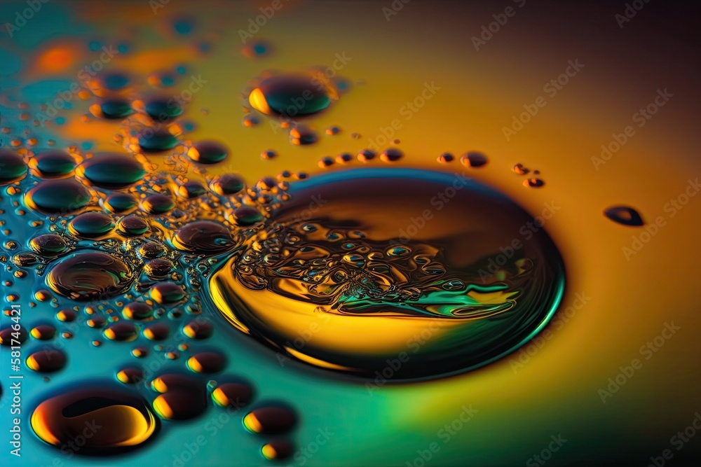 Poster a close up of oil droplets moving across the water's surface. background of oil drops on the lake su