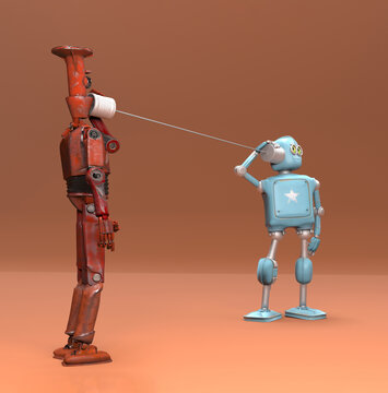 Retro two robots talking on tin can phones. 3d render