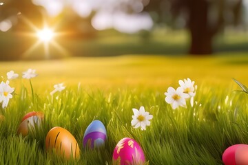 Wielkanoc, wiosenna łąka z kolorowymi jajkami wielkanocnymi, barwnie, soczyste wiosenne kolory, miejsce na tekst. Wygenerowane przy pomocy AI - obrazy, fototapety, plakaty