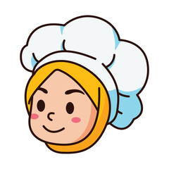 Indonesian woman muslim chef hijab illustration, cute girl islamic halal cooking logo, young girl cartoon, vector on isolated white background